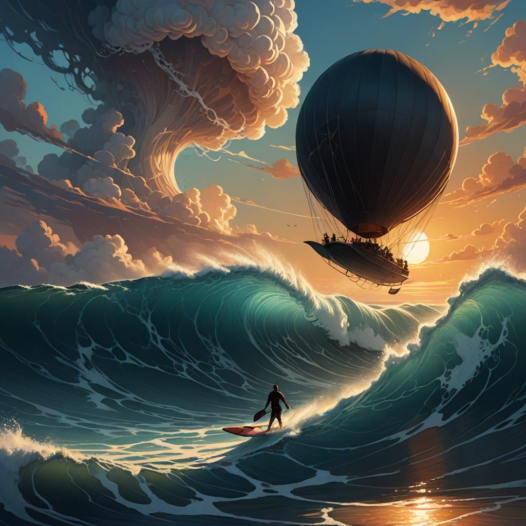Surfer Rides Giant Wave Under Dirigible Sky in Ethereal Ligh...