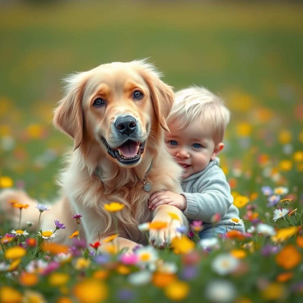 Golden Retriever Plays with Boy in Vibrant Field of Flowers