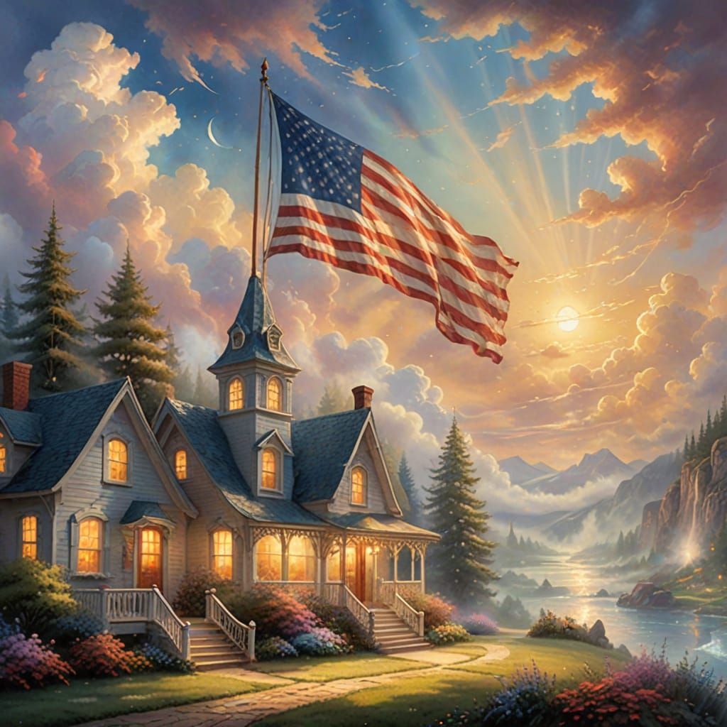 American Flag Waving in Dreamy Watercolor Sky
