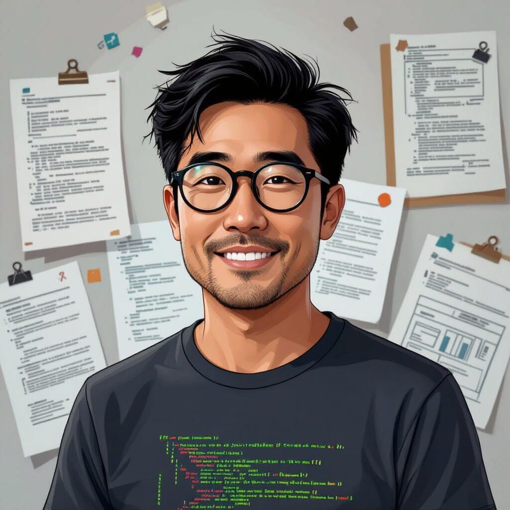 Asian Coder Portrait with Circular Glasses in Digital Art St...
