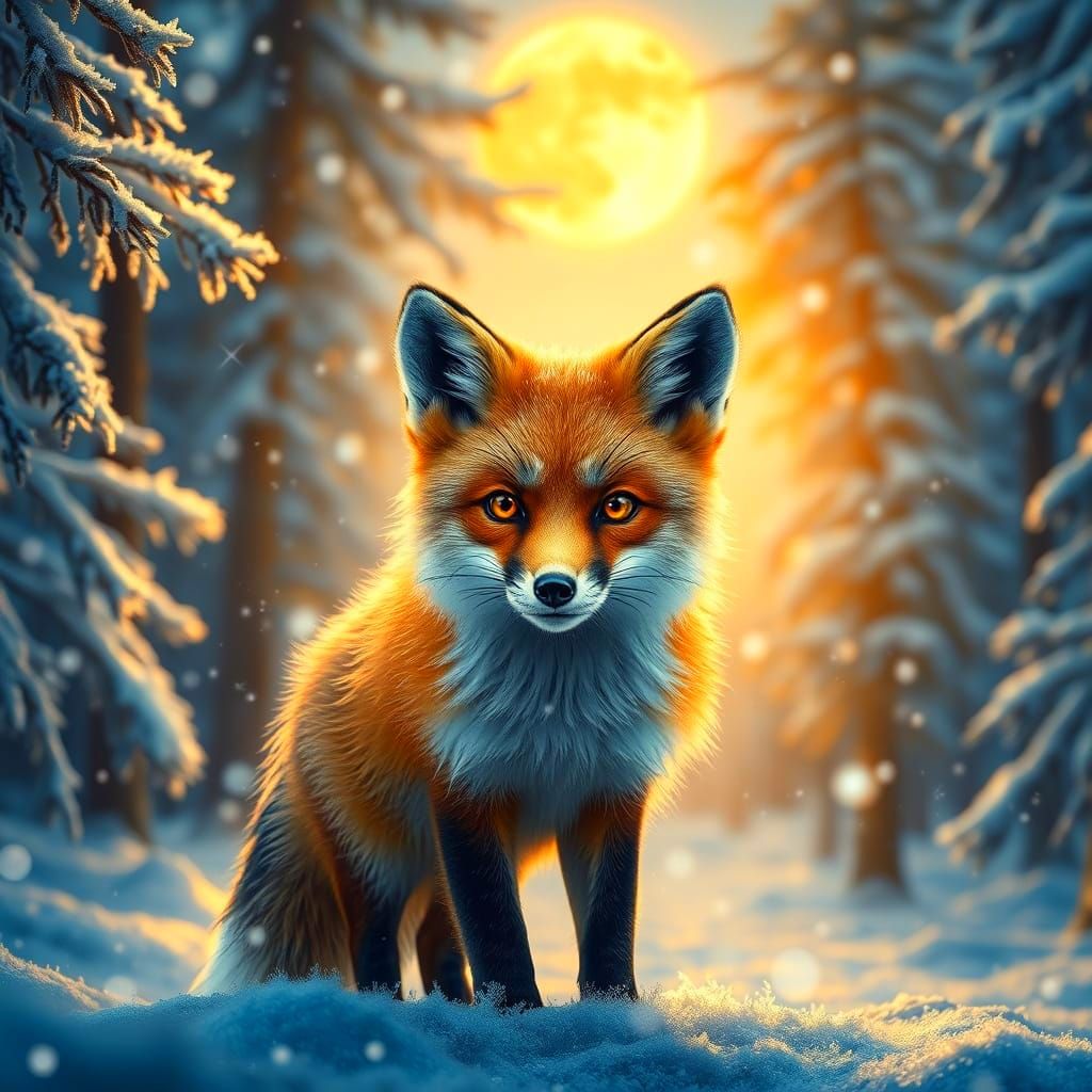 Hyperrealistic Winter Fox in Enchanted Forest Under Moonligh...