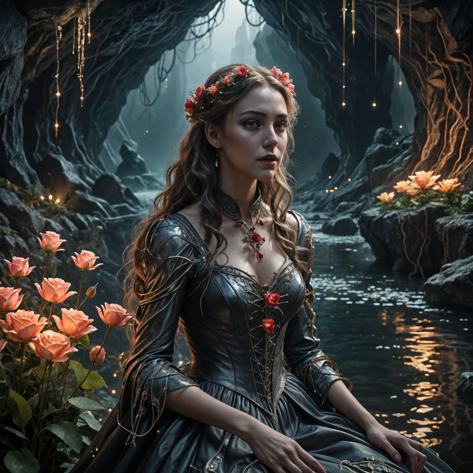 Ethereal Vampire Maiden in a Shimmering Cave of Wonders