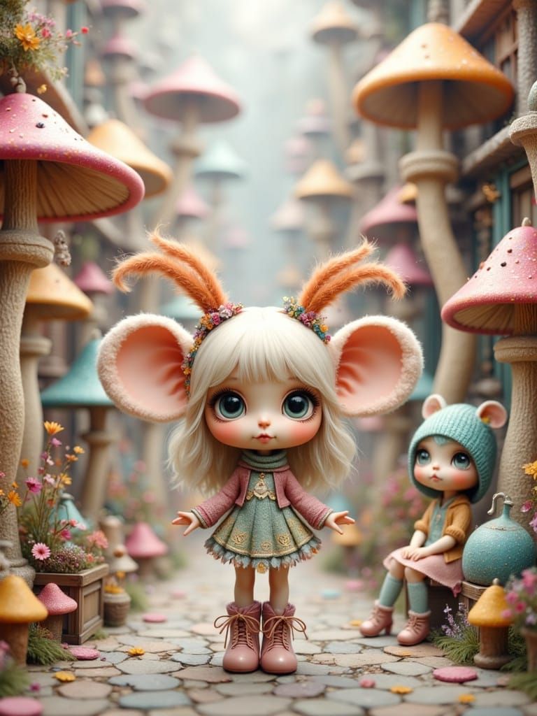Cuddly Plushies in a Whimsical Mushroom City