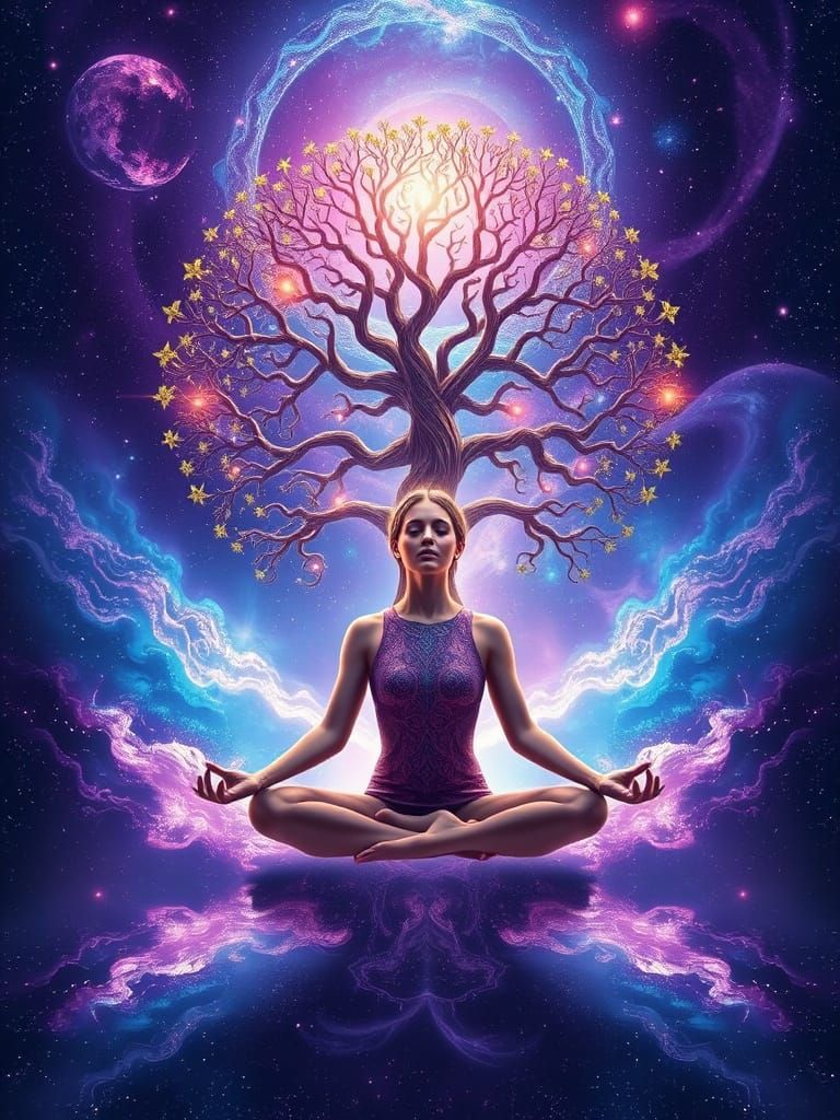 Meditating Woman & Cosmic Tree of Life in Nebula