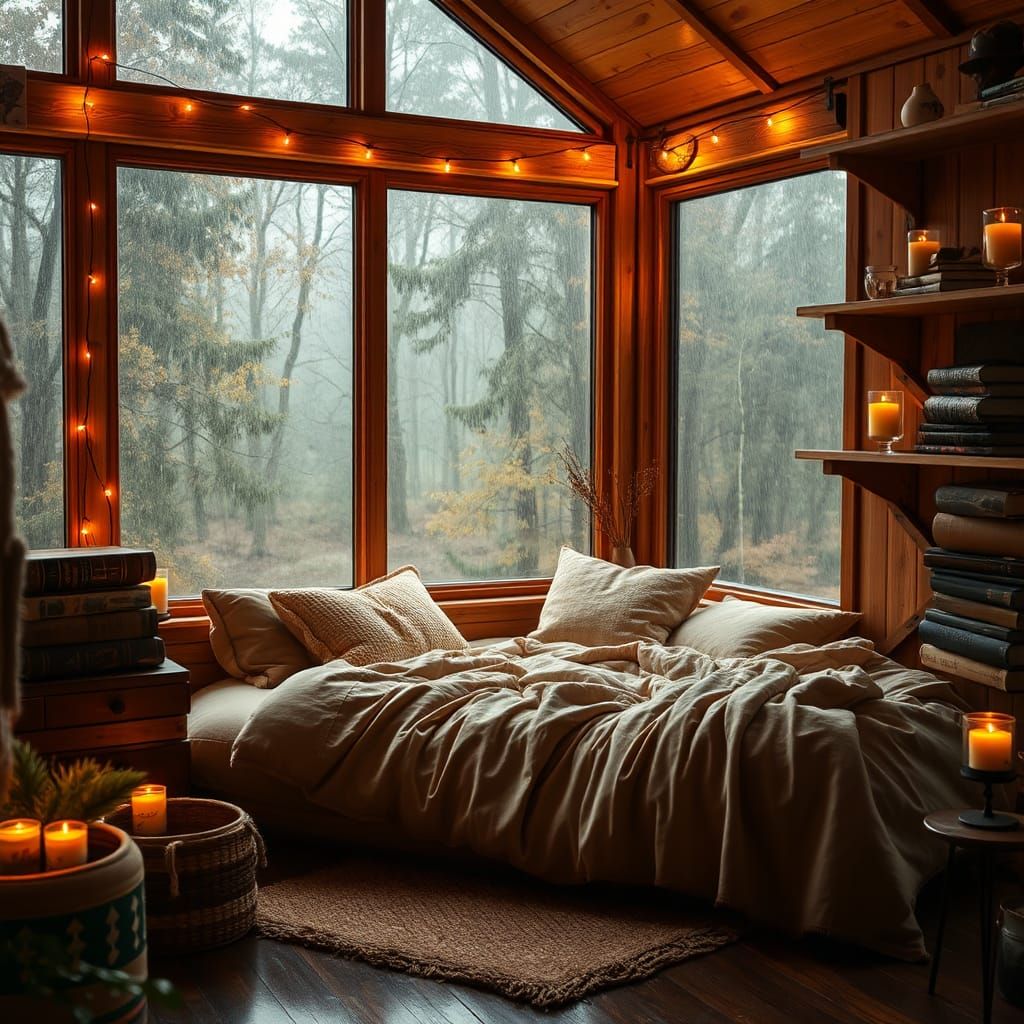 Cozy Wooden Nook with Autumnal Forest View