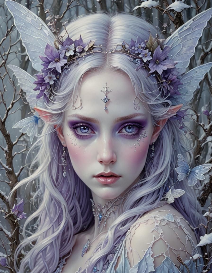 Hyperdetailed Winter Fairy with Violet Eyes