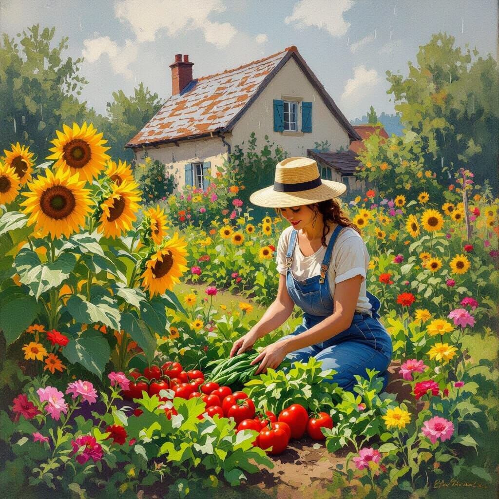 Idyllic Farmhouse Garden in Impressionist Style