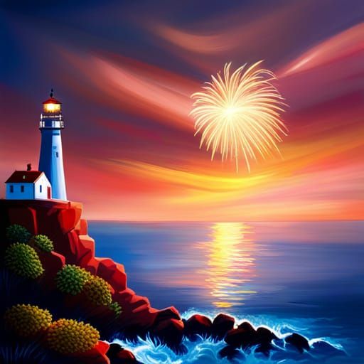 a lighthouse on a stormy cliff with a firework display in the sky above it. Use short and sharp strokes to create a sens...