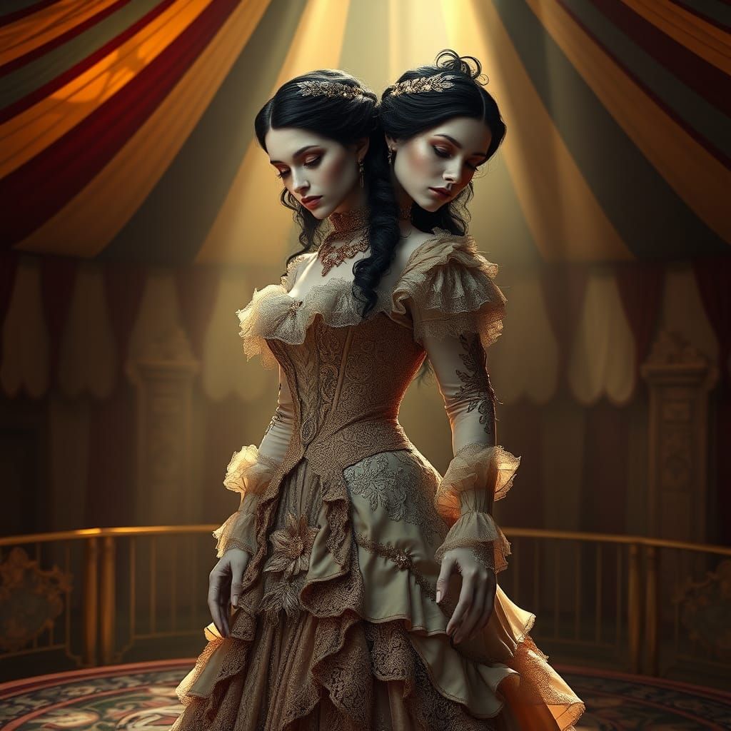 Two-Headed Woman on Circus Stage in Dark Surrealism Style