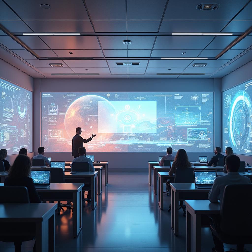 Futuristic AI Classroom with Holographic Displays
