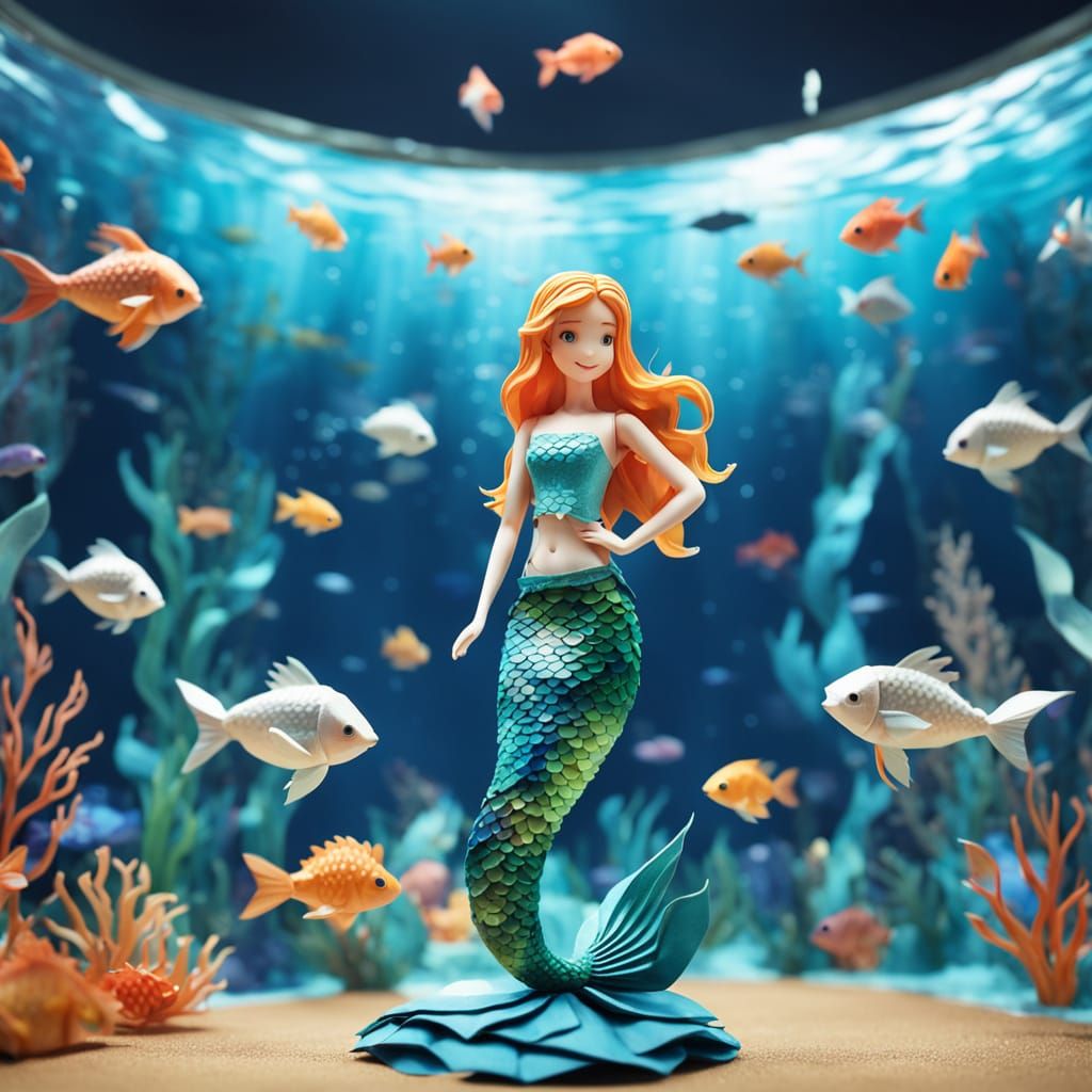 Beautiful Mermaid Smiles in Papercraft Style Aquarium