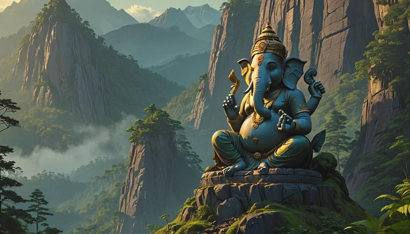 Ganesha Idol in Misty Mountains, Fantasy Concept Art