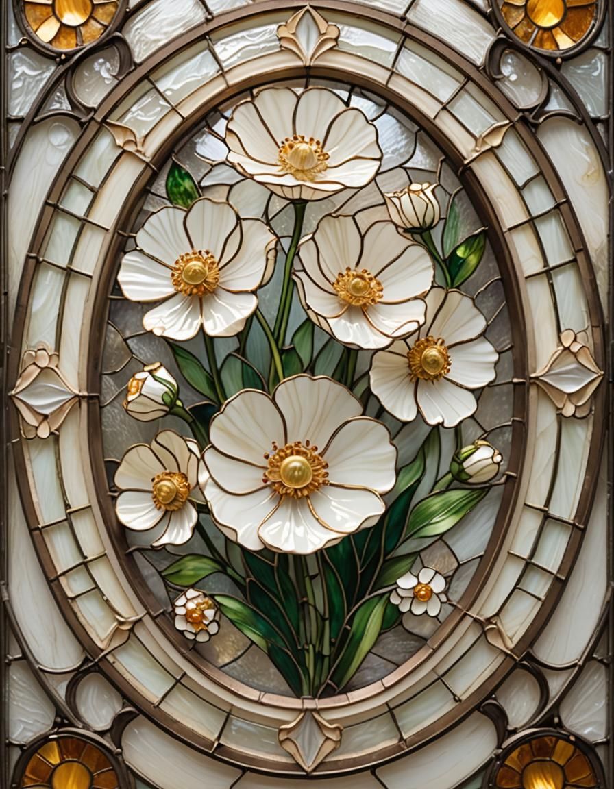 Stained Glass Persian Buttercup in Art Nouveau Style