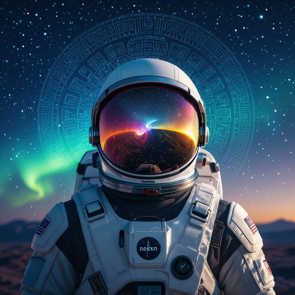 Astronaut Portrait with Aztec Calendar and Aurora