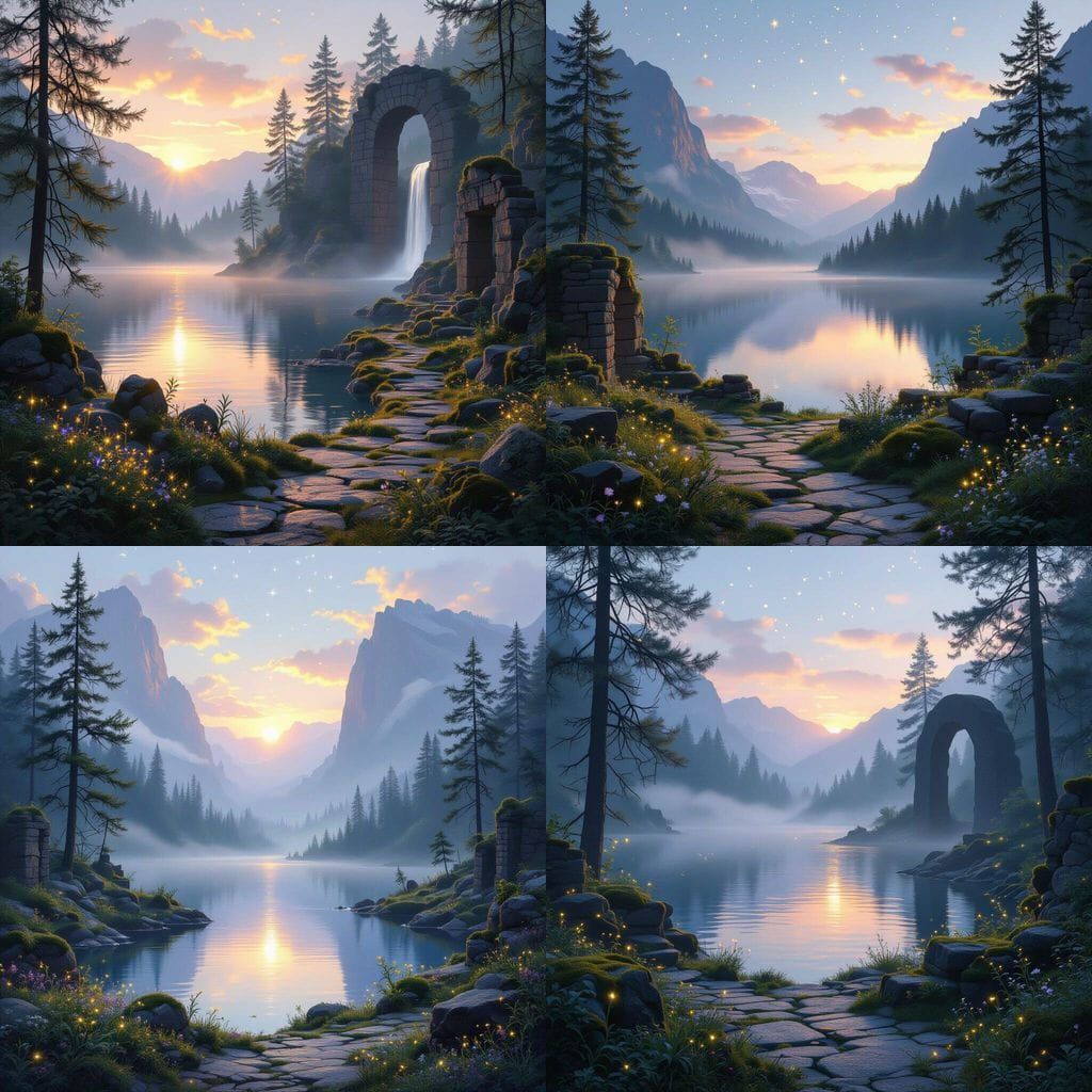 Mystical Valley at Dawn with Ancient Archway