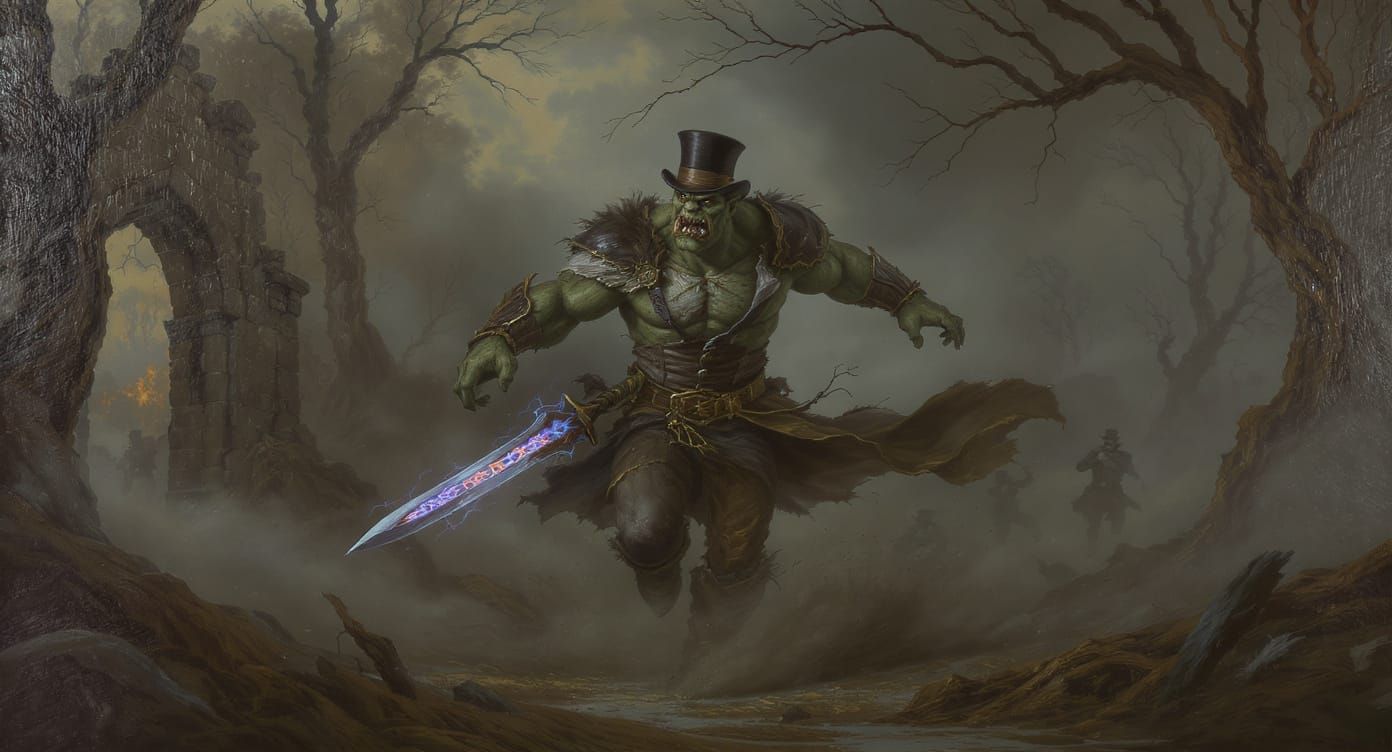 Orc Warrior Attacks in Steampunk Gothic Oil Painting