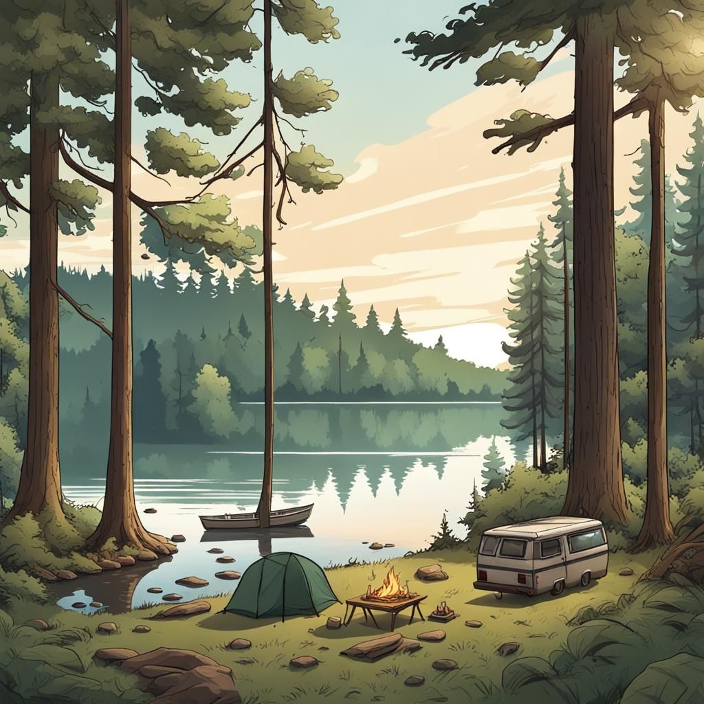 Peaceful Lakeside Campsite in Thick Forest
