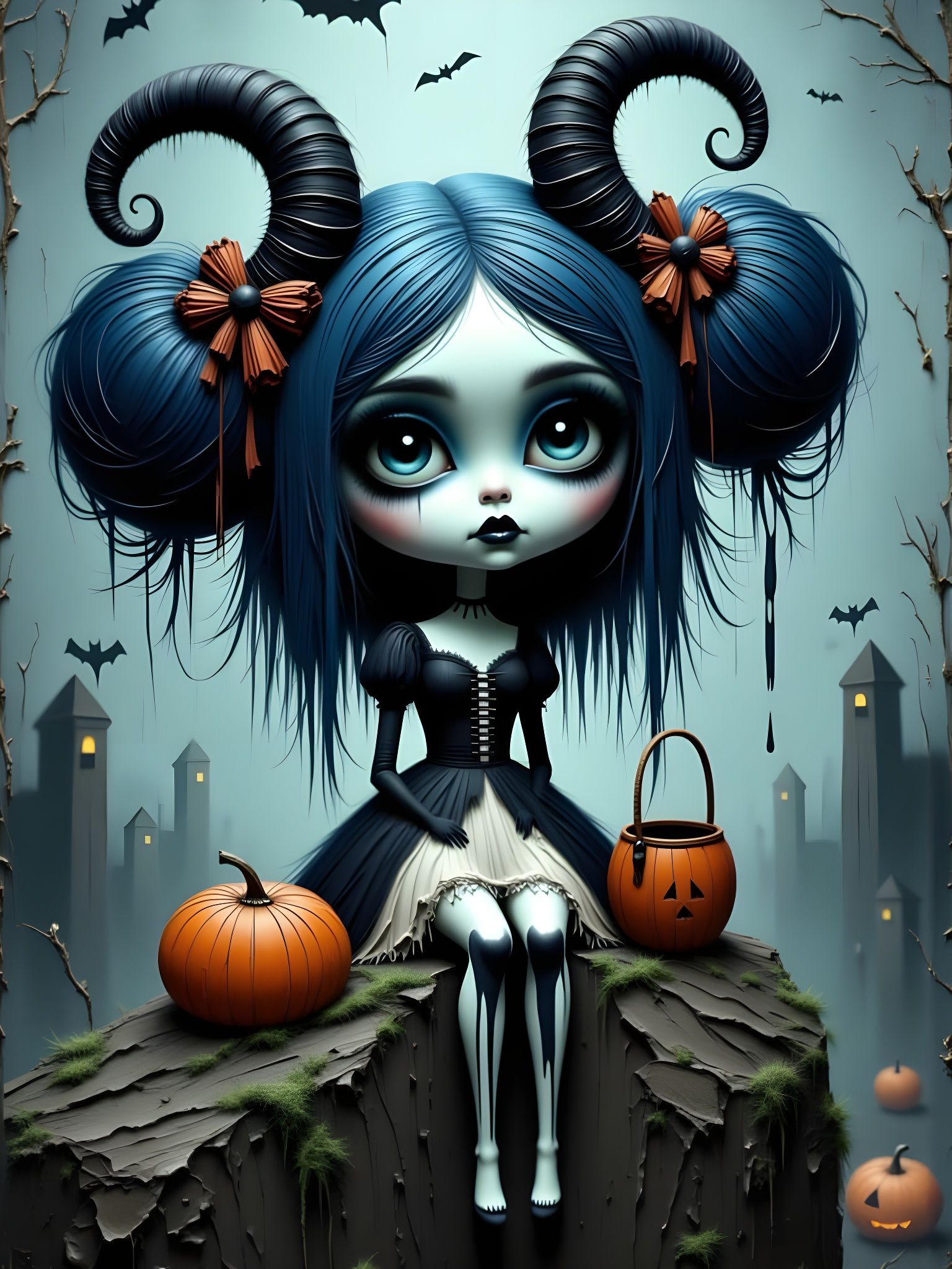 Halloween Character With Twisted Horns On Tombstone