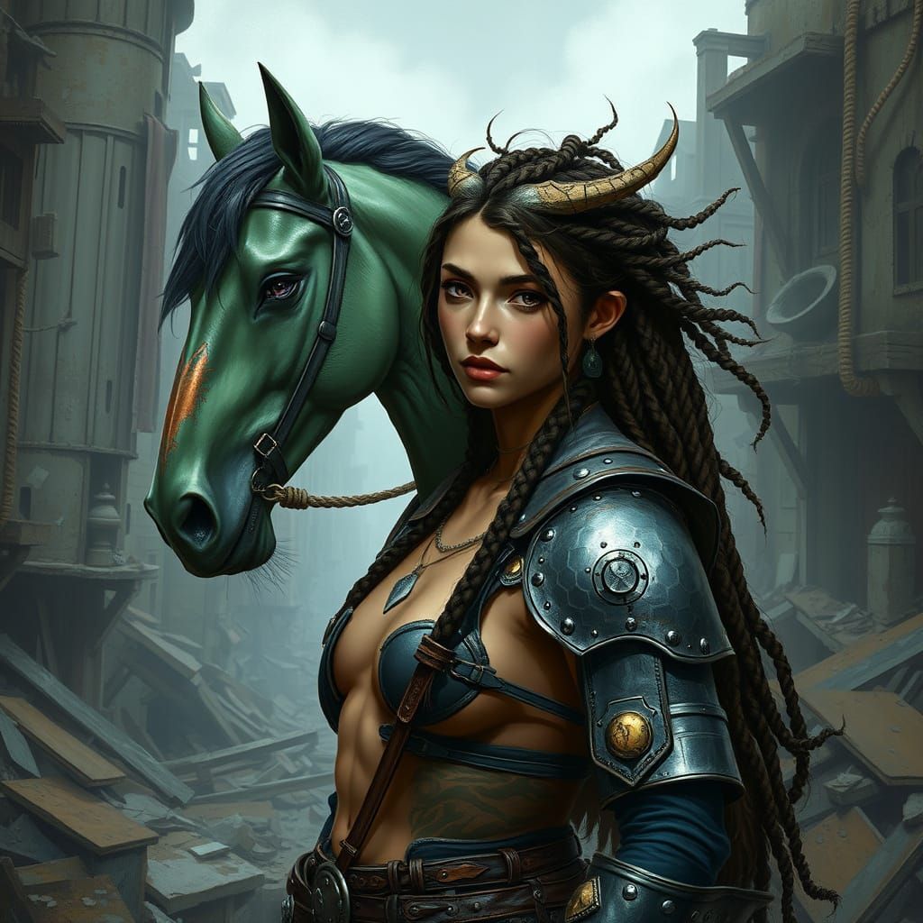 Nonbinary Centaur Bard in Ruined City, Digital Art