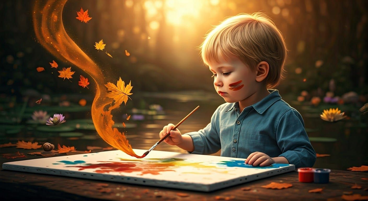 Boy Painting Autumn Landscape in Unreal Engine Style