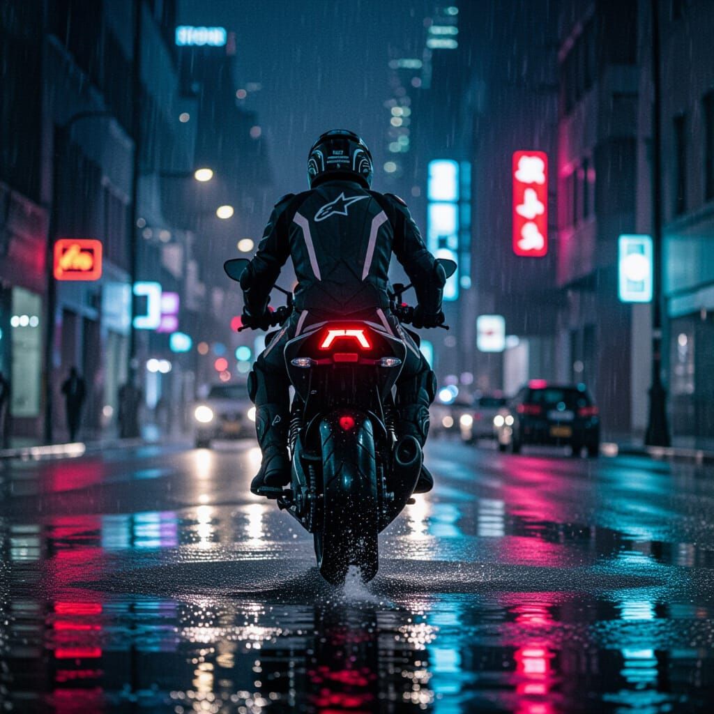 Motorcyclist Rides Through Wet City Street at Night