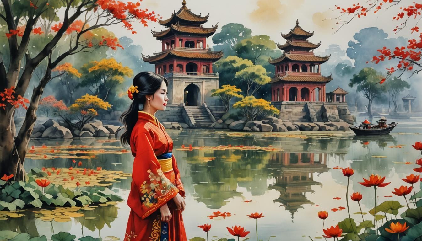 Vietnamese Woman in Áo Dài by West Lake