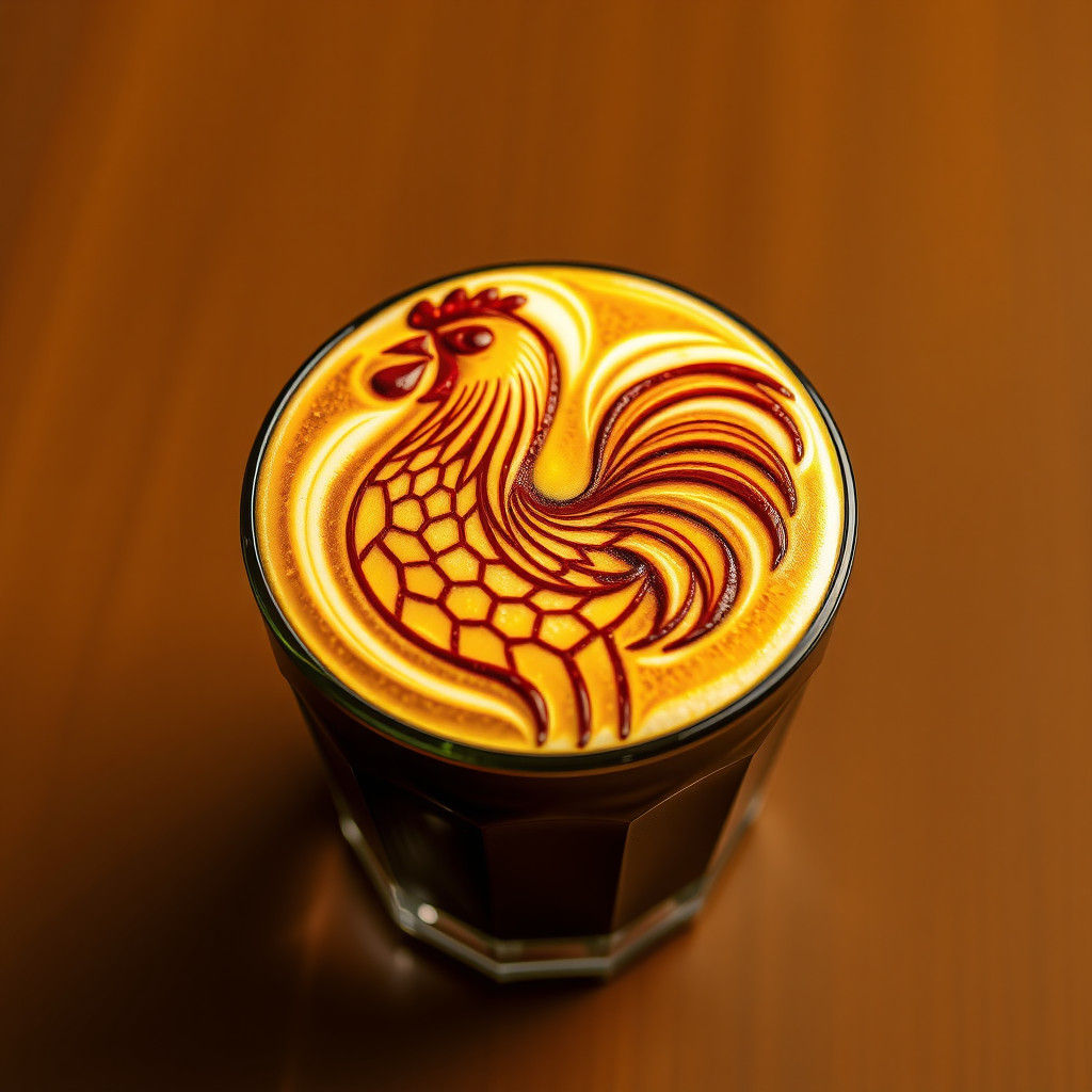 Latte Art: Golden Rooster in Dark Coffee Cup