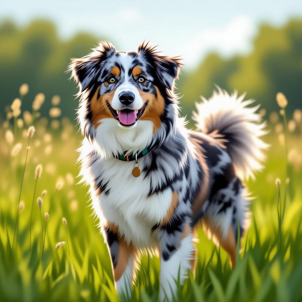 Realistic Great Pyrenees Australian Shepherd Mix Dog in Mead...