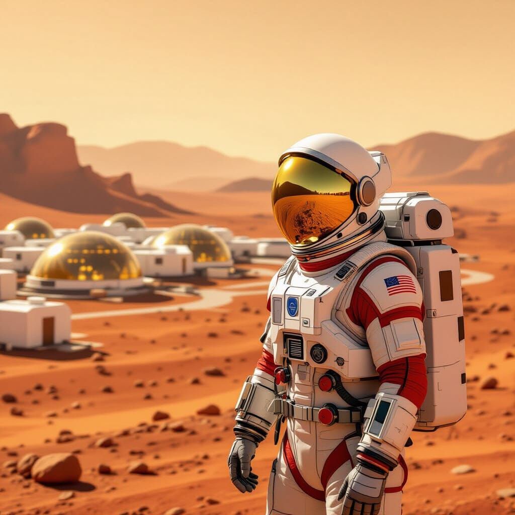 Astronaut Explores Optimistic Martian Colony at Sunrise