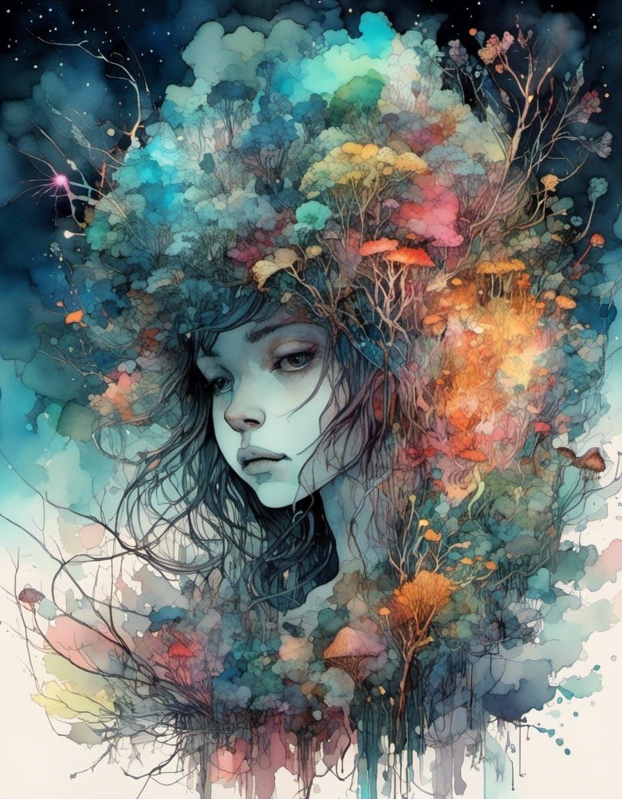 Bioluminescent Fungi with Nebula Tendrils in Digital Ink