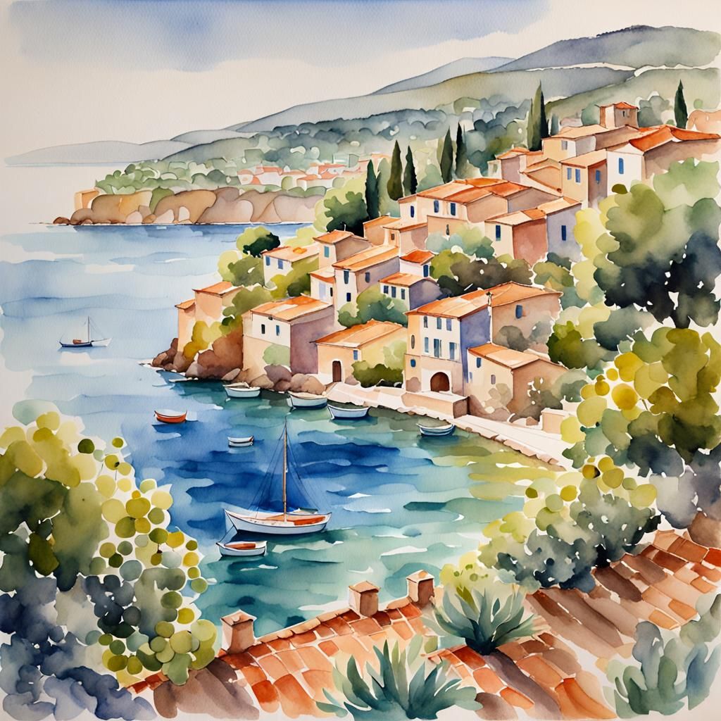 Mediterranean Seascape in Watercolor Style