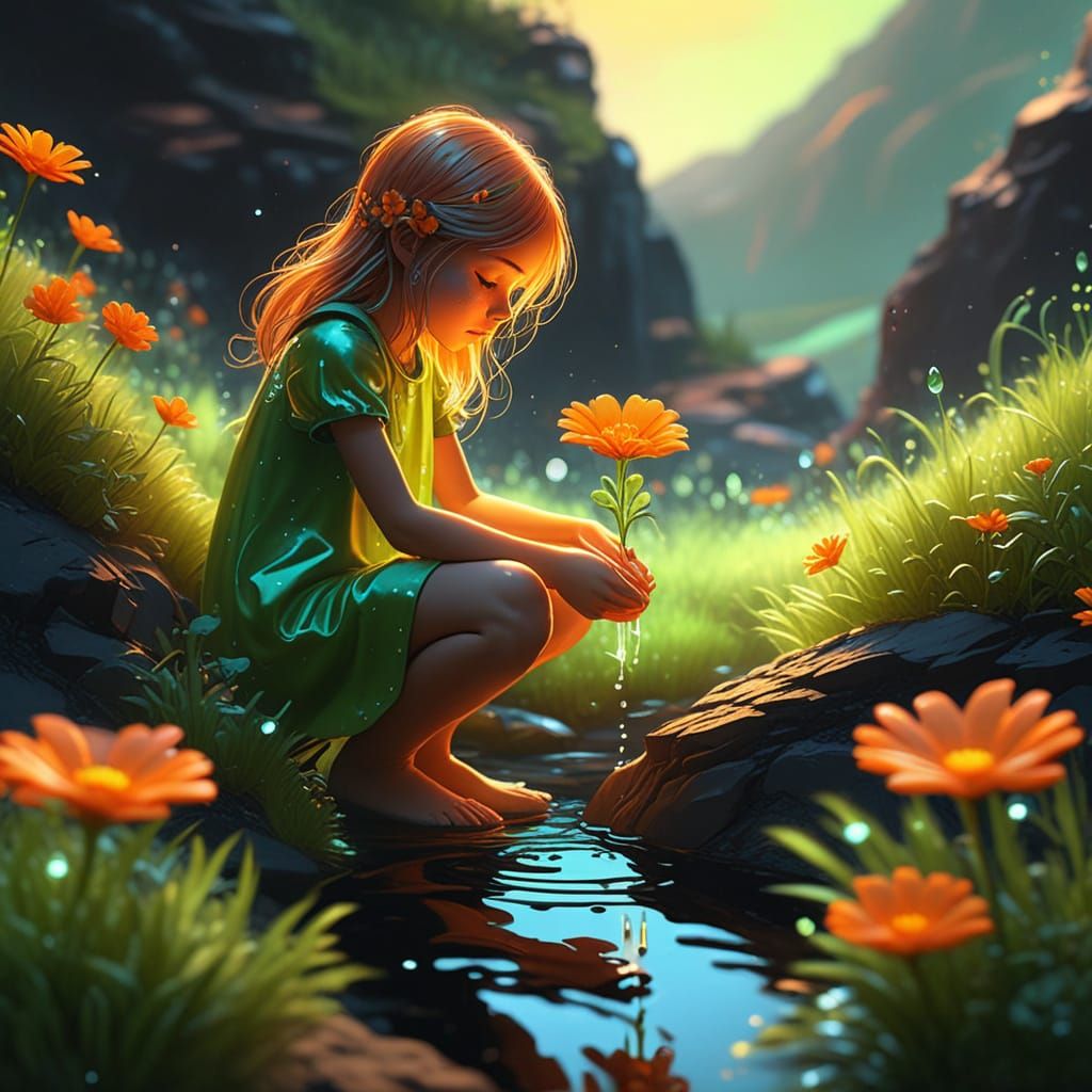 Dreamy Oil Painting of Girl Watering Glowing Flowers