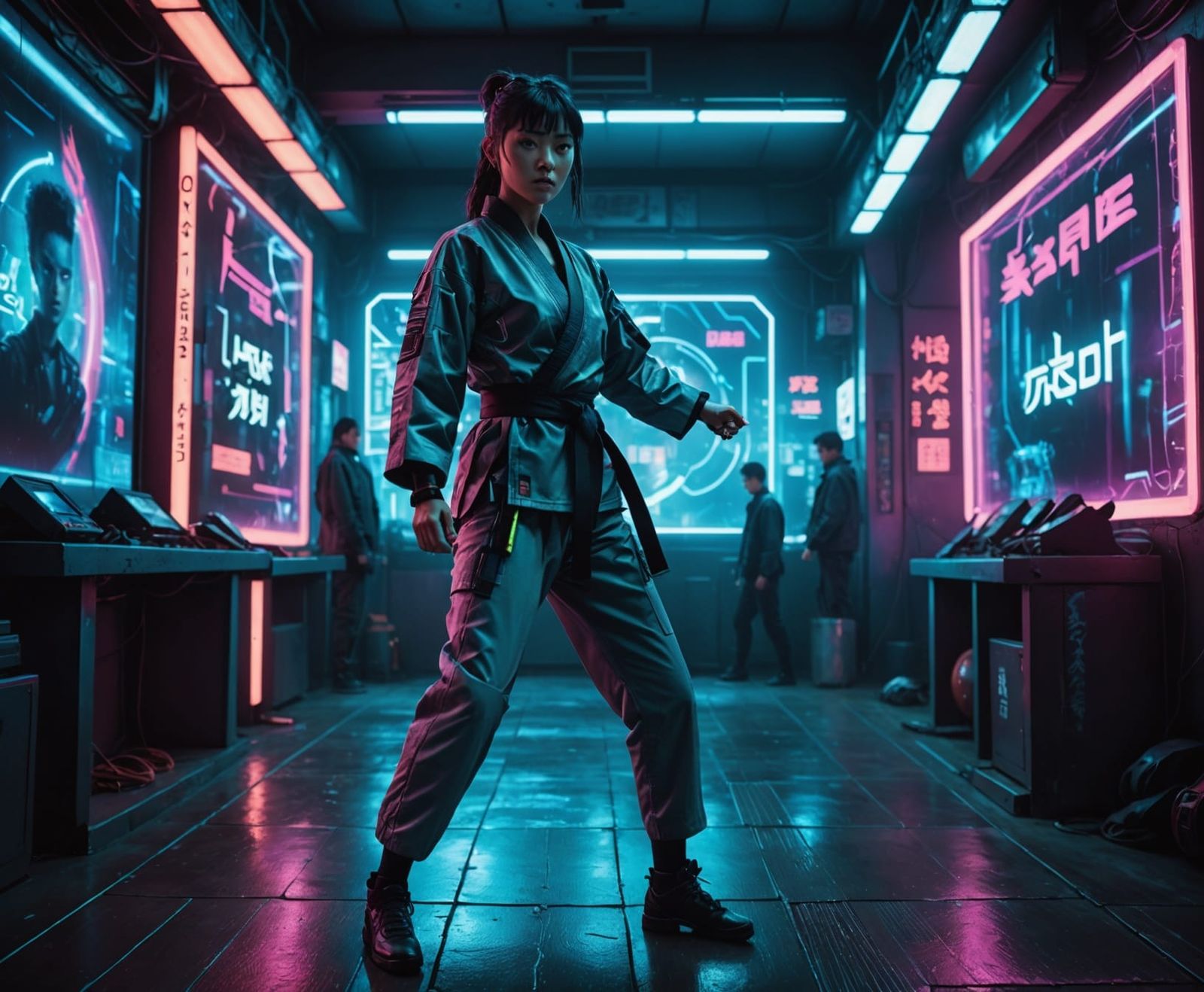 Cyberpunk Karate Master in Neon Dojo