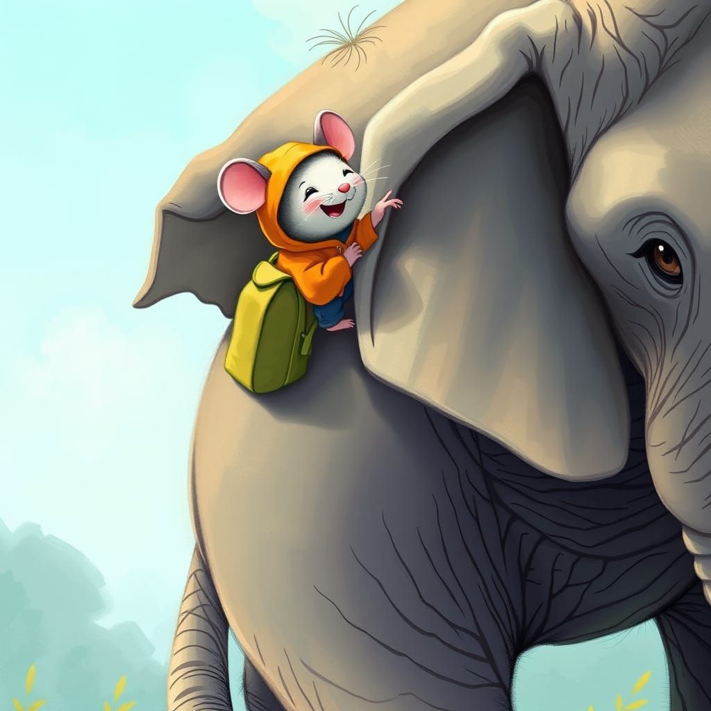 Mouse Travels on Elephant in Whimsical Style
