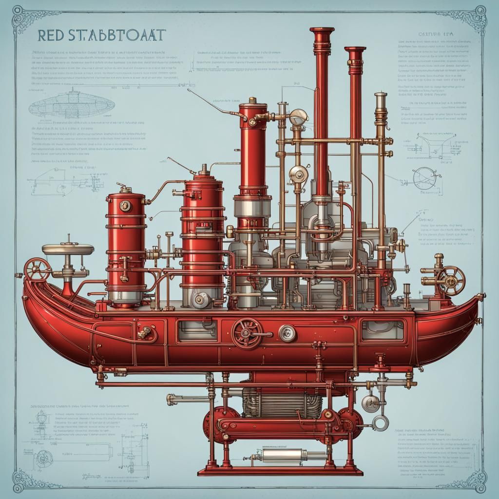 Red Steamboat Technical Schematic in Light Blue