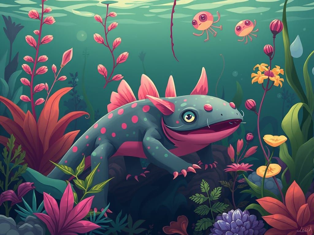 Whimsical Axolotl in Serene Underwater Scene