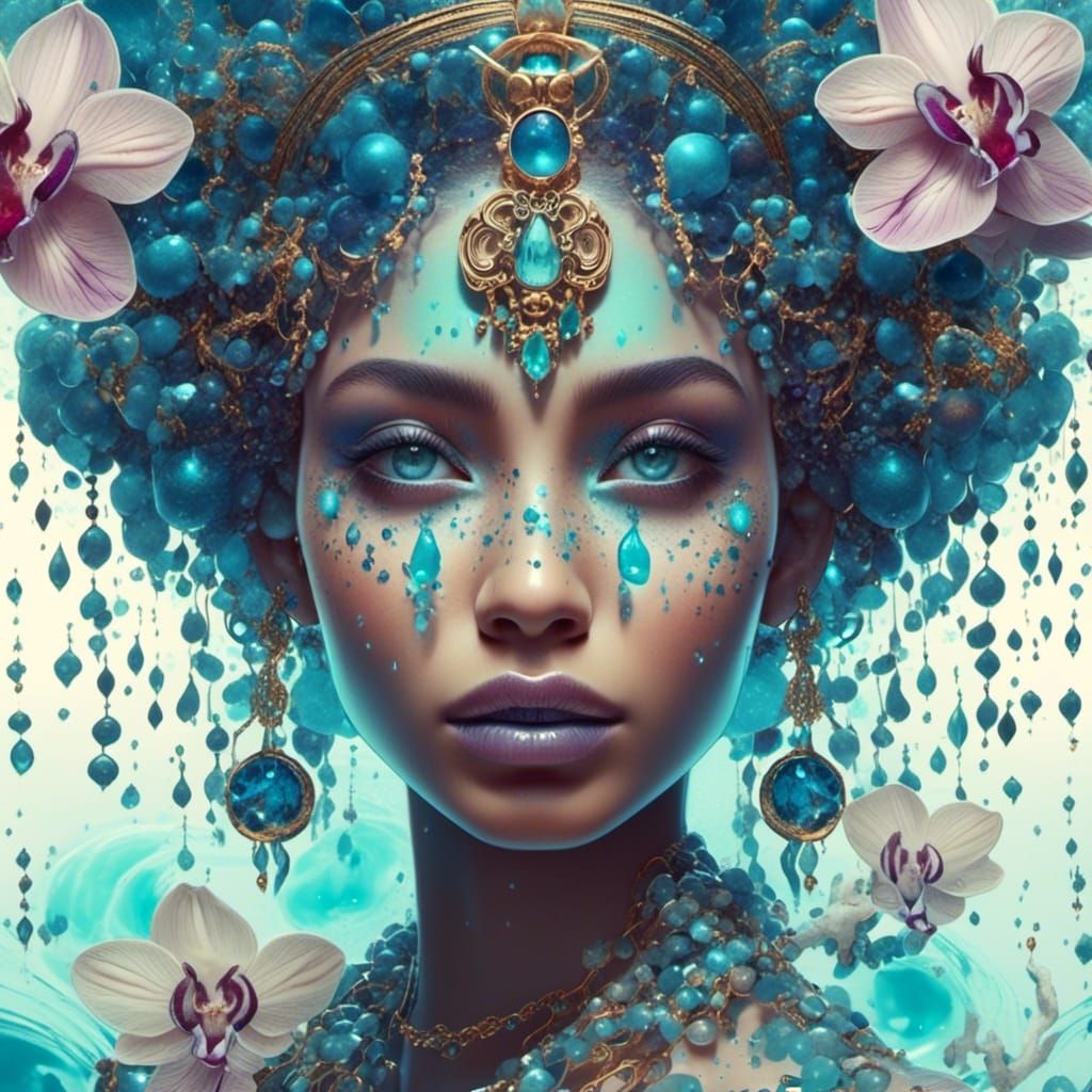 Hyperrealistic Aquarius God with Constellations and Orchids