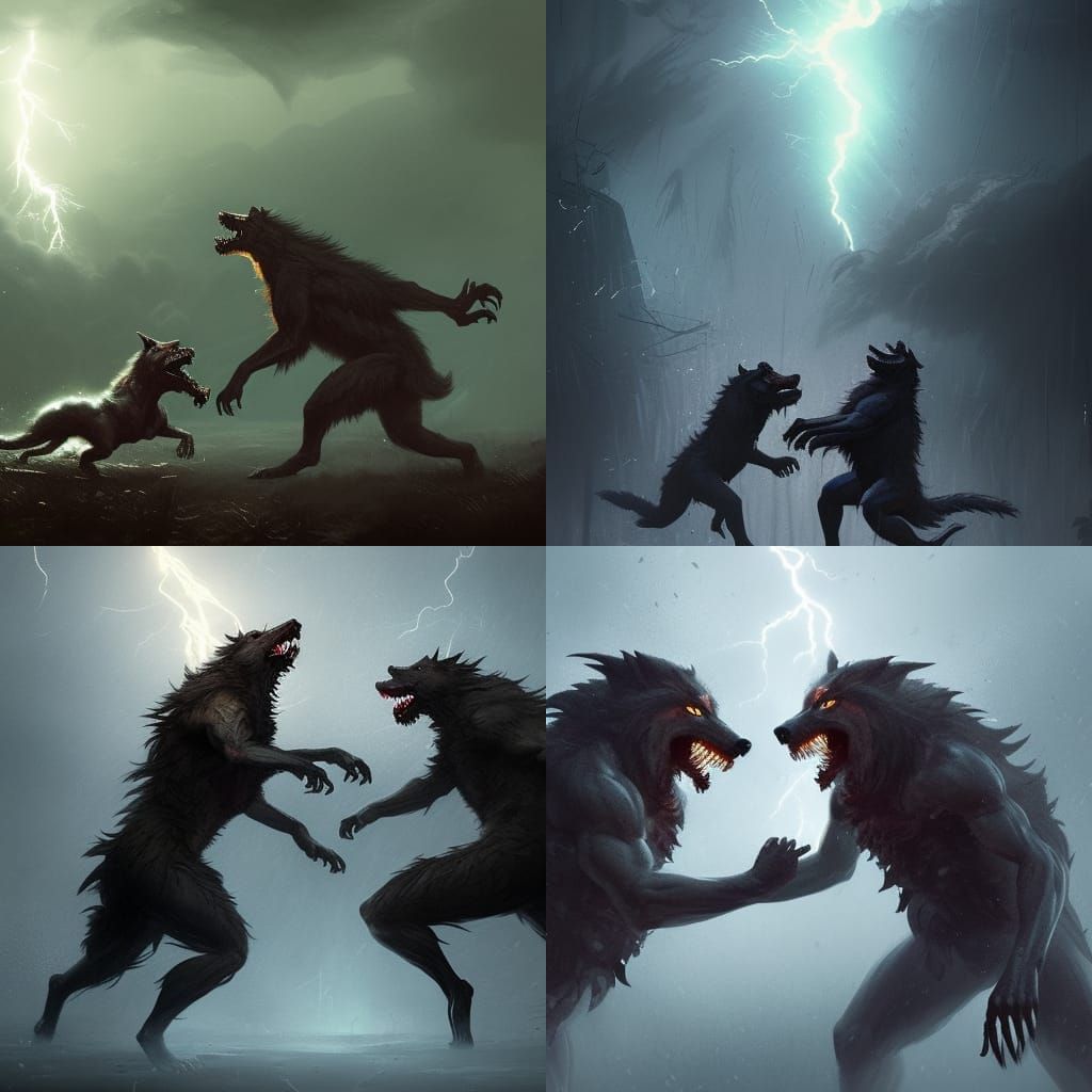 Werewolves Clash in Lightning Storm: Dark Fantasy Art