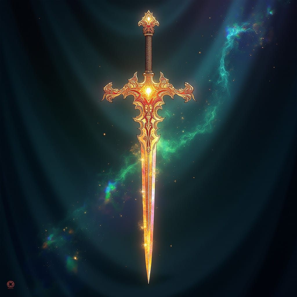 Sapphire Fae-Sword Radiates Divine Energy on Dark Background