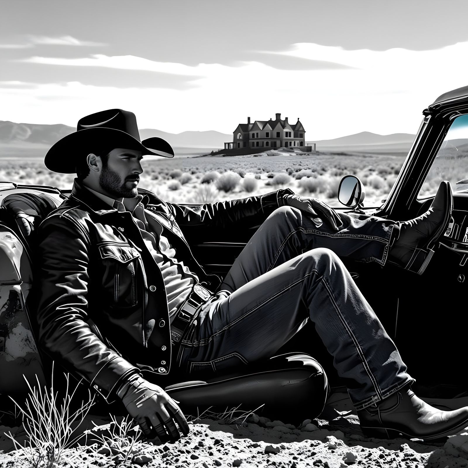 Cowboy in Vintage Car with Stark Landscape