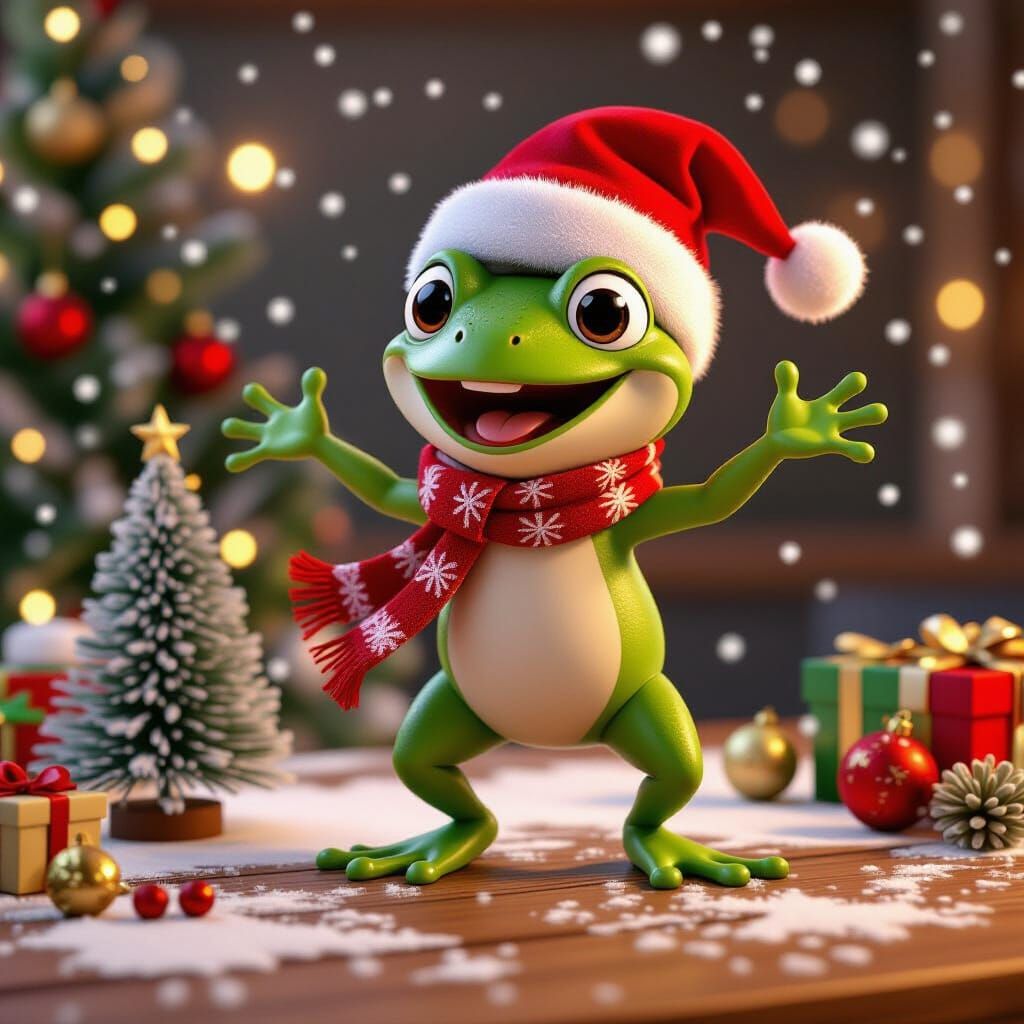 Festive Frog Dancing on Christmas Tabletop in 3D Animation S...
