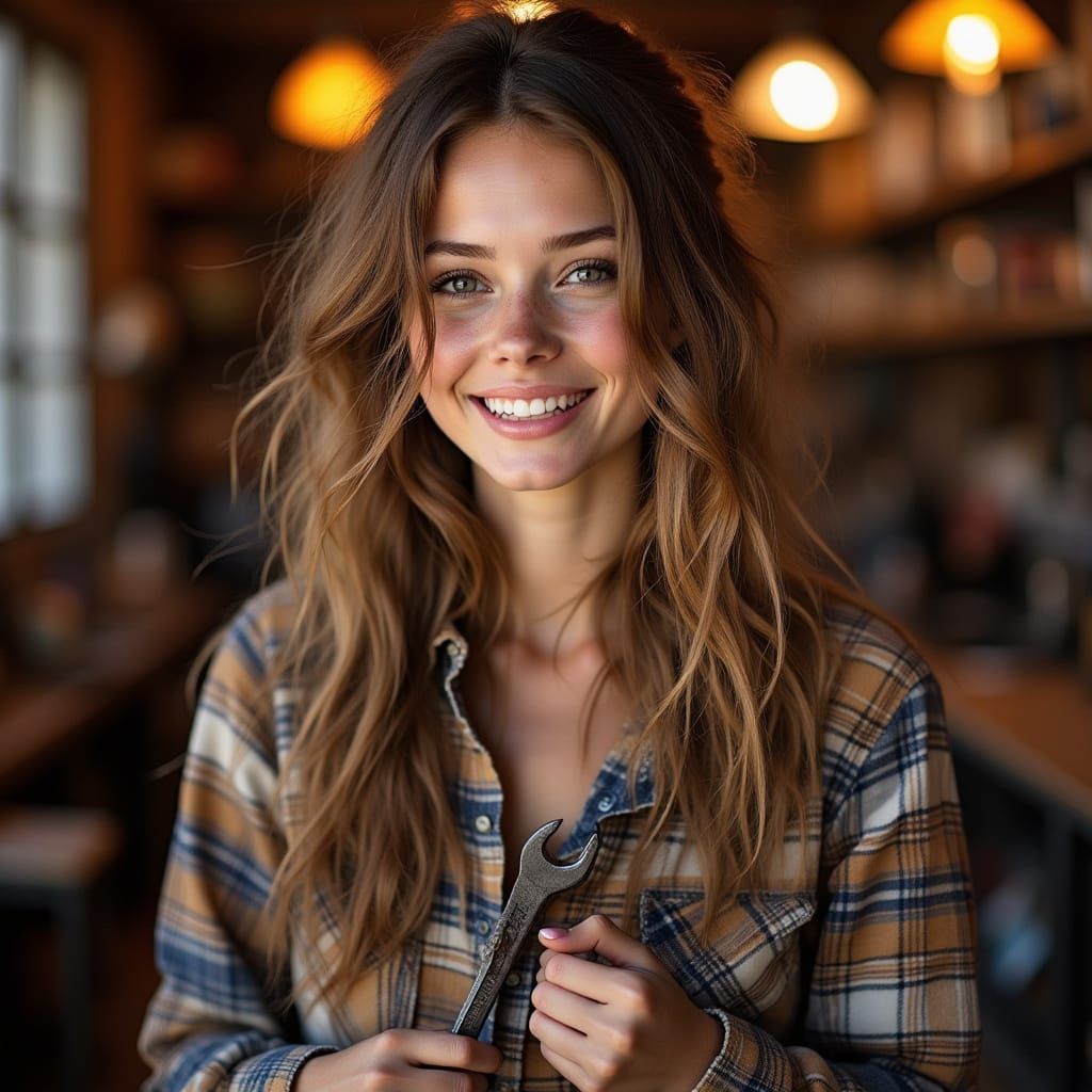 Confident Woman with Wrench in Soft Golden Light