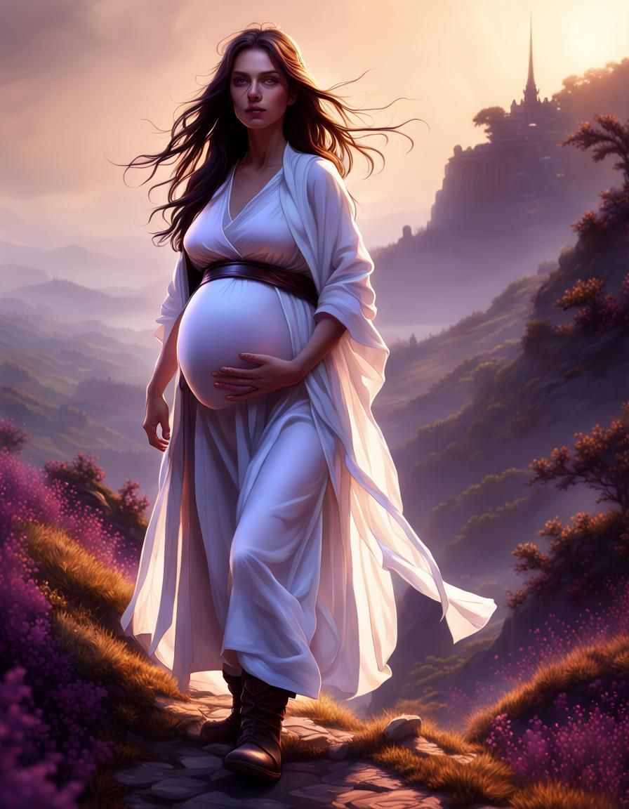 Pregnant Monk on Hillside: Dark Fantasy Concept Art