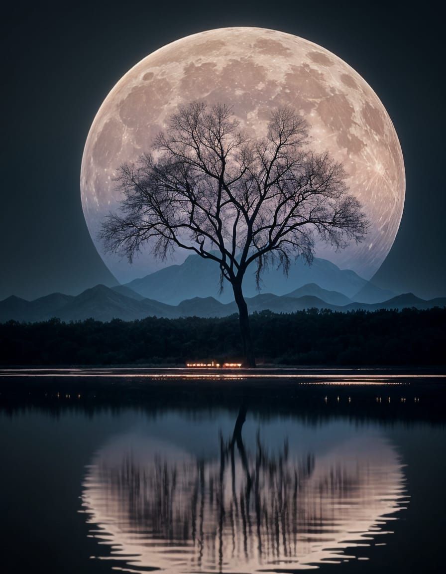 Strawberry Moon Over Lake: Surreal Dreamscape