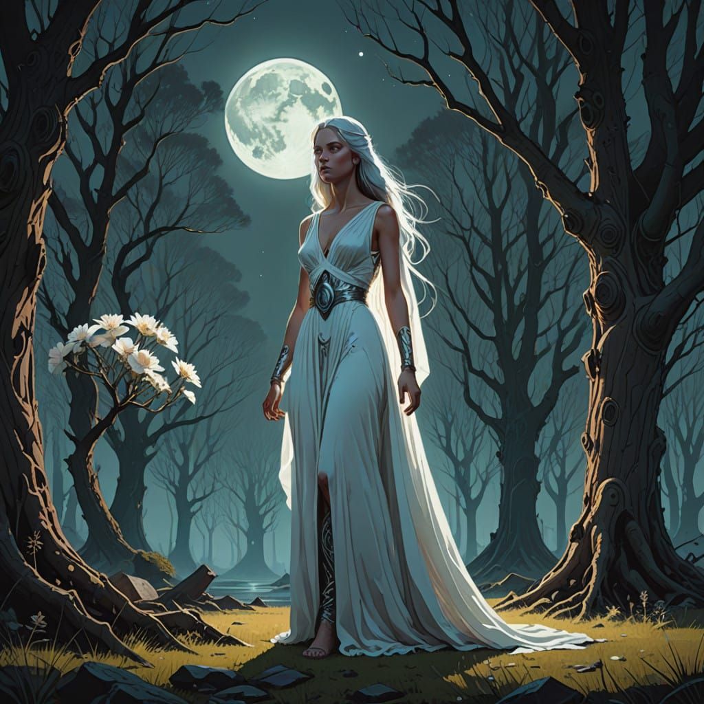 Regal Lunar Goddess in Moonlit Glade