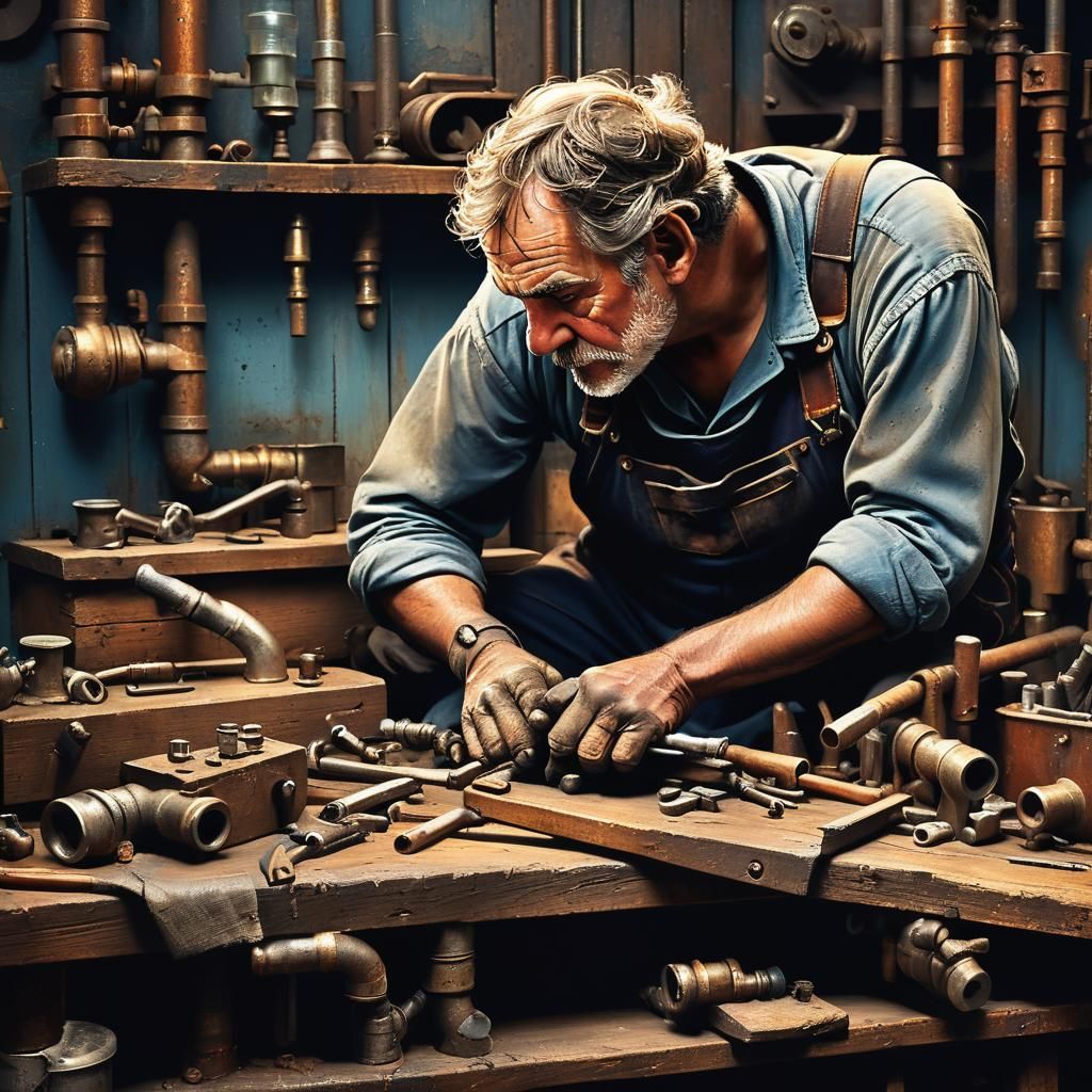 Old Master Plumber at Work in Hyperrealistic Style