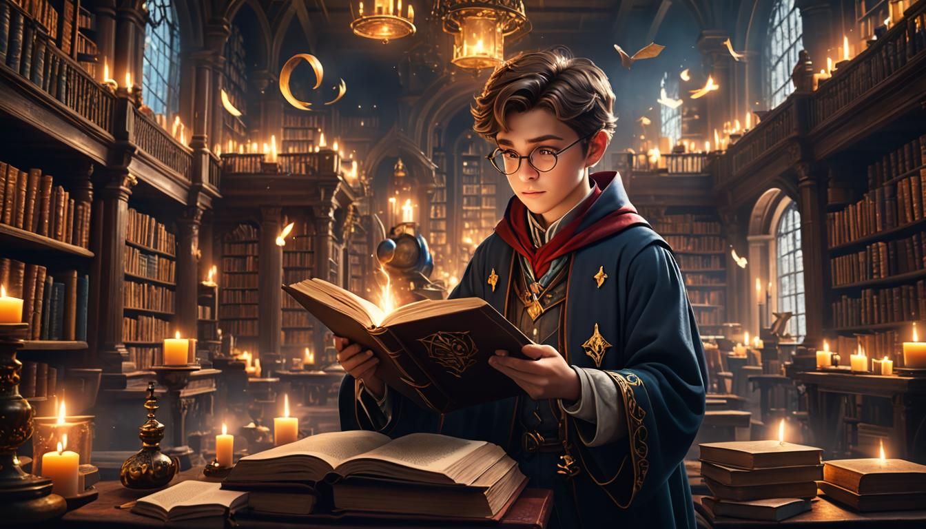Young Wizard Student in Magical Library, Fantasy Art