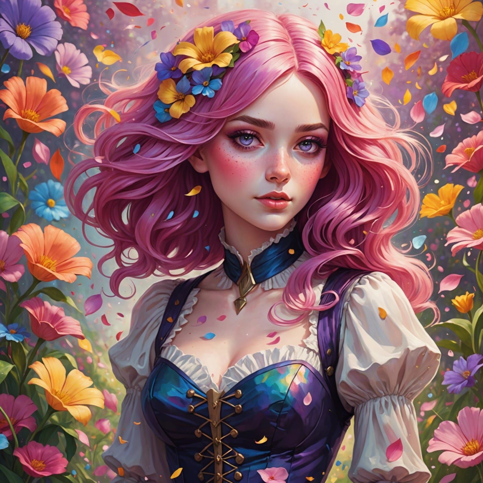 Pink-Haired Woman in Rainbow Petal Flurry