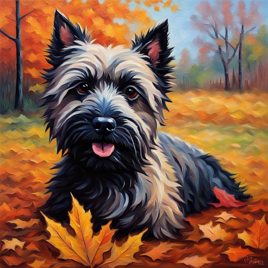 Black Cairn Terrier in Autumn Impressionist Painting