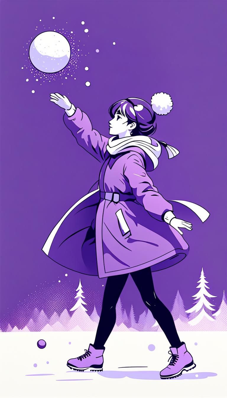 Elegant Figure Throwing Snowball in Purple Aesthetic